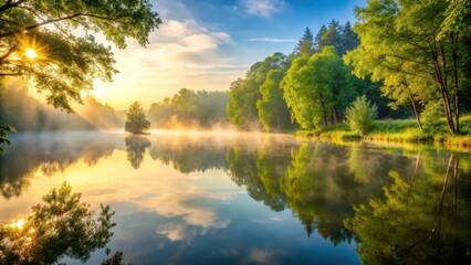 Obraz premium A tranquil lake with a misty morning atmosphere, surrounded by tall trees and dense greenery, reflecting the warm sunlight filtering through the leaves, misty morning, landscape
