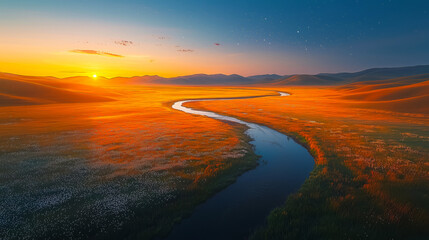 Fototapeta premium Springs Twilight Embrace at the Horizons Edge golden fields stretching beneath the soft glow of sunrise