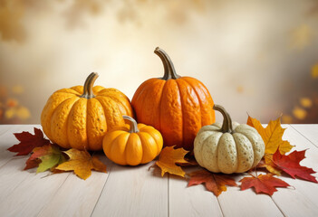 Autumn background with warty pumpkins and maple leaves