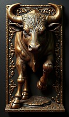 Obraz premium A stunning bronze relief sculpture of a bull, showcasing intricate details and craftsmanship. Perfect for art, business, or decor themes.