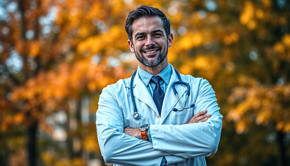 Obraz premium Handsome doctor with arm cross in autumn park
