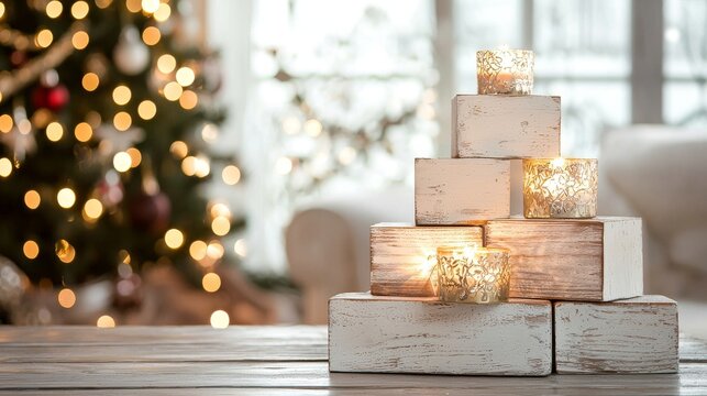 The artistic arrangement of cubes on a wooden table, transitioning from 2024 to 2025, is accentuated by soft festive lighting