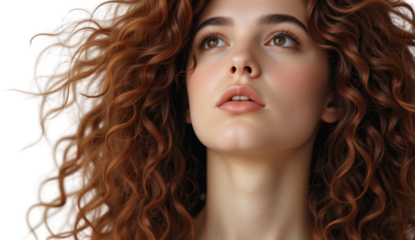 Stunning Close up Portrait of Young Woman with Long Curly Red Hair and Clear Skin