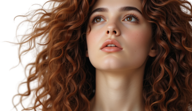 Stunning Close up Portrait of Young Woman with Long Curly Red Hair and Clear Skin - Powered by Adobe