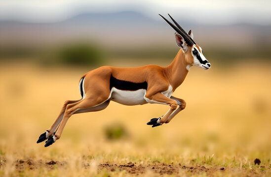 Detailed close-up photo of a graceful springbok jumping in the savannah habitat, graceful, wildlife. Selective focus, blurred background