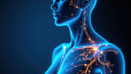 Vagus Nerve Stimulation Image with a Human Body Illustration in Blue Lighting.