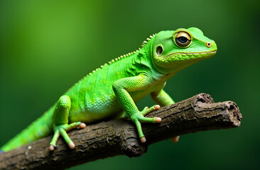 Obraz premium Green lizard sits on a tree trunk. Blurred background, selective focus.