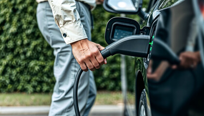 Obraz premium Close-Up of Electric Vehicle Charging in Vibrant Urban Setting