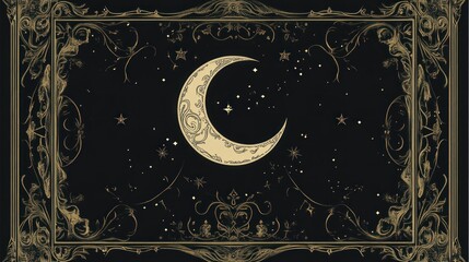 Crescent moon, stars, ornate frame; night sky background; mystical art