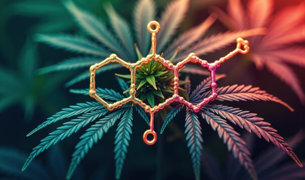 Discover the fusion of nature and science in this vibrant representation of cannabis and its molecular structure, perfect for health, wellness, and botanical illustrations.