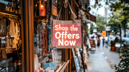 Shopping event offers in city center retail storefront promotional signage urban environment eye-level view marketing strategy
