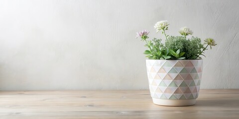 Minimalist home decor with white ceramic flowerpot featuring a Nordic-inspired floral pattern in soft pastel shades and subtle geometric motifs , simple ceramics, geometric shapes
