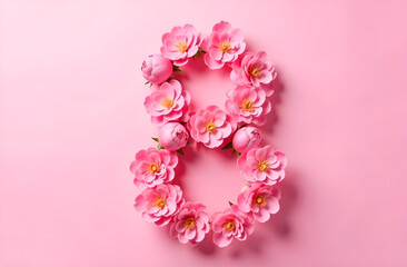 Obraz premium Number 8 is made of spring flowers on a pink background. Minimalistic concept of women's day, March 8th or birthday. Flat layout, top view.