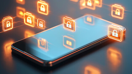 Encrypted chat bubbles with glowing padlocks floating over a smartphone representing mobile data protection cybersecurity digital privacy and secure communication in a modern technology environment
