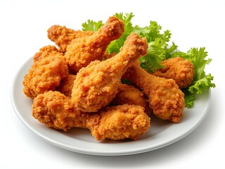 Close-up of homemade crispy fried chicken drumsticks on white background, food photography