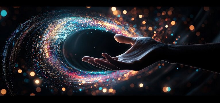 The first point of contact is made when a hand touches a spinning whirlpool of light particles, representing a neuronal network idea