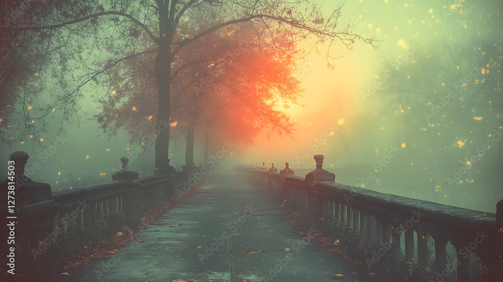 Poster misty path with trees and a glowing sunset in a serene atmosphere