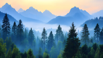 Majestic mountains shrouded in mist with evergreen trees in the foreground