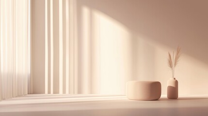 Minimalistic beige background with decorative vase and plants