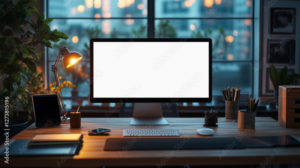 Poster modern workspace with computer displaying data analytics on wooden desk, surrounded by plants and of