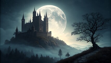Mysterious Gothic Castle Silhouette Under a Full Moon towering gothic castle looms in the darkness, its silhouette sharp against the glow of a massive full moon.