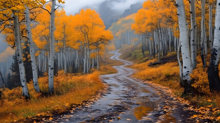 Obraz premium Autumn landscape with vibrant orange trees lining a winding path