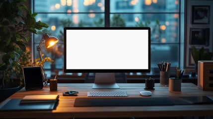 Fototapeta premium modern workspace with computer displaying data analytics on wooden desk, surrounded by plants and office supplies, creating focused atmosphere