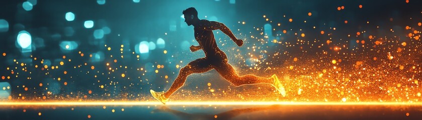 Naklejka premium Digital sports fitness training, double exposure of a male runner in motion, modern athletic silhouette combined with glowing energy patterns, bold and powerful