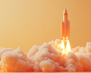 A rocket launching with fiery exhaust rising above a cloud of smoke, symbolizing innovation, space exploration, and the power of technology in a clean and modern environment.