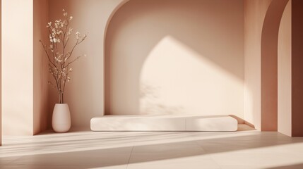 Minimalistic beige background with decorative vase and plants