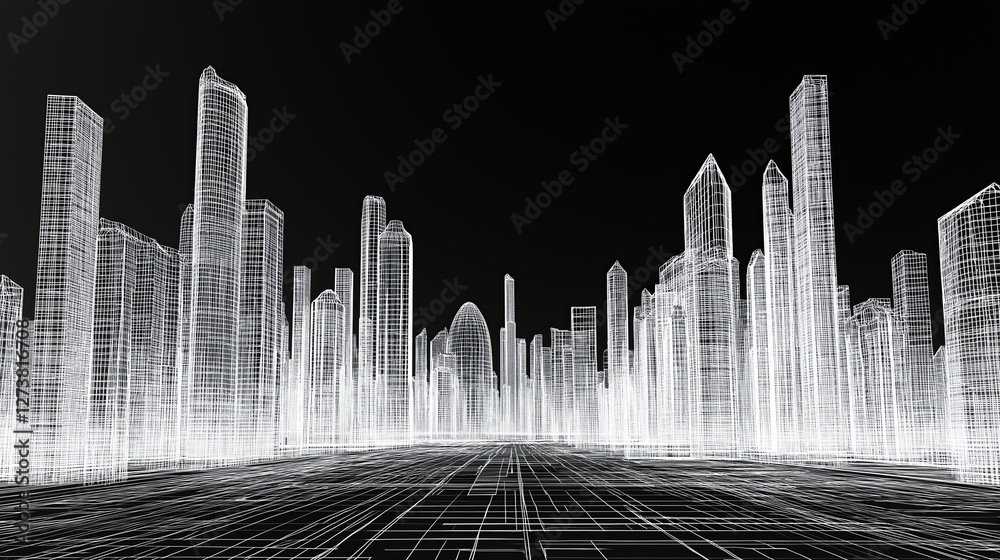 Poster a wireframe model of a futuristic city with no textures.