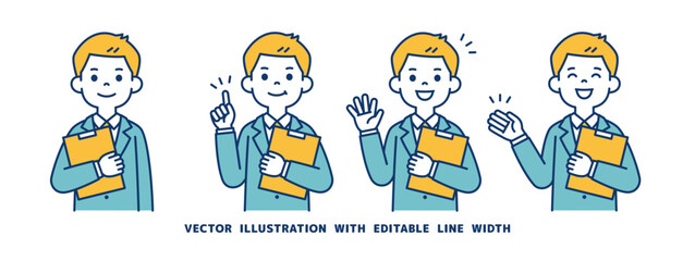 笑顔で資料・書類を持つ、若いビジネスマンのベクターイラスト素材セット＿線幅の編集可能