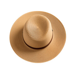 Foldable Wide Brim Straw Sun Hat for Women. Straw hat isolated on a transparent background, top view.