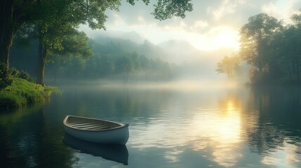 A tranquil riverside with a small boat drifting, lush trees along the banks, and soft sunlight breaking through the clouds, creating a peaceful ambiance.

