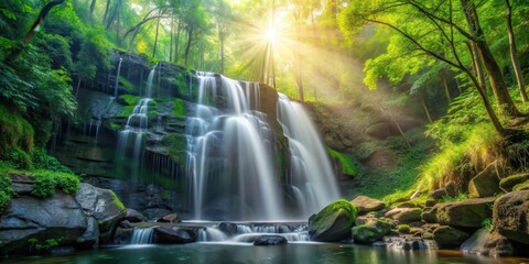 Fototapeta premium A serene scene of a waterfall cascading down a rocky cliff in the heart of a dense green forest, with sunlight filtering through the canopy above, forest hillside, natural wonder