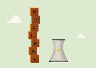 Nuclear Power Plant Concept With Wooden Blocks. nuclear energy featuring wooden letter blocks spelling 