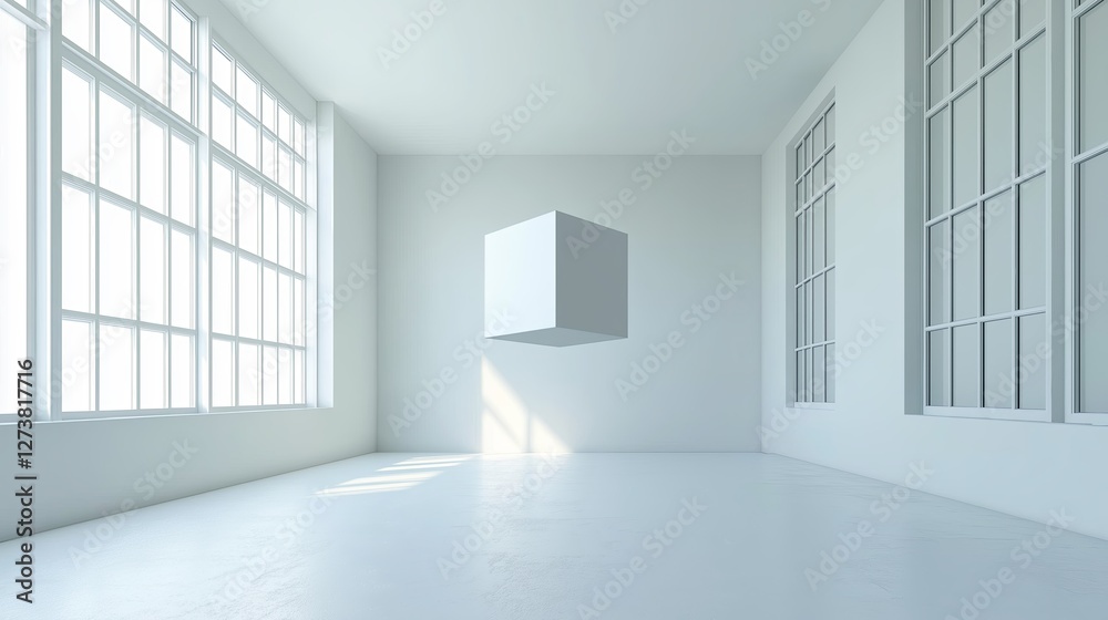 Poster A vast, white room with a single floating cube in the center