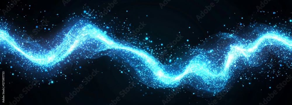 Wall mural a blue abstract background composed of points, accompanied by descending cyber particles and a large