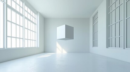 Fototapeta premium A vast, white room with a single floating cube in the center