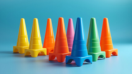 Colorful biodegradable soccer cones arranged in row on blue background, showcasing vibrant hues