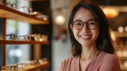 happy young woman with glasses in optical shop