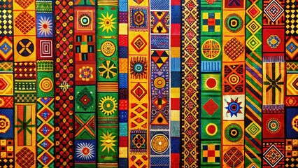 African Adinkra symbols on a brightly colored background with bold lines and vibrant hues, showcasing traditional Ghanaian patterns and motifs , Art, Design