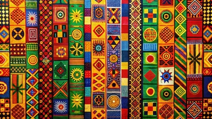 Fotobehang African Adinkra symbols on a brightly colored background with bold lines and vibrant hues, showcasing traditional Ghanaian patterns and motifs , Art, Design © Praphunsak