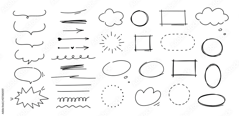 Aufkleber hand drawn shapes, speech bubble, arrows and underlines. doodle sketch line frames and elements. scr