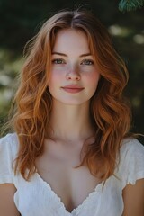 Naklejka premium Portrait of a Beautiful Redhead Woman with Freckles and Green Eyes in Natural Light