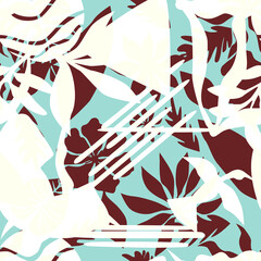 Tropical pattern, floral, leaves. Digital print in Repeat (rapport), Resolution 300 DPI, ideal for fashion, decoration and stationery.