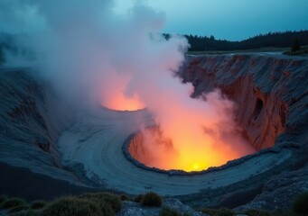 Fototapeta premium Twilight eruption reveals glowing lava and steam in serene landscape