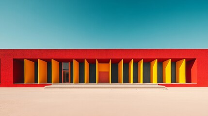 Fototapeta premium Colorful minimalist building with symmetrical windows.