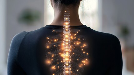 On a blurred backdrop, a holographic projection of a human spine's digital x-ray is displayed, with open areas for additional information