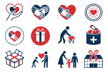 Fototapeta premium Charity icons, nonprofit symbols, philanthropy pictograms, red and navy blue color scheme, minimalist design, flat vector graphics, hands holding hearts, handshake icons, caring gestures, community